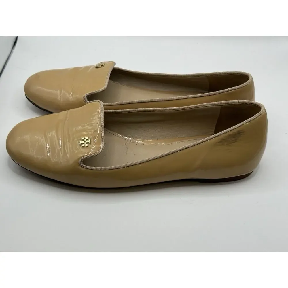 Tory Burch Women's 8M Samantha Smoking Patent Leather Slippers Loafers Beige